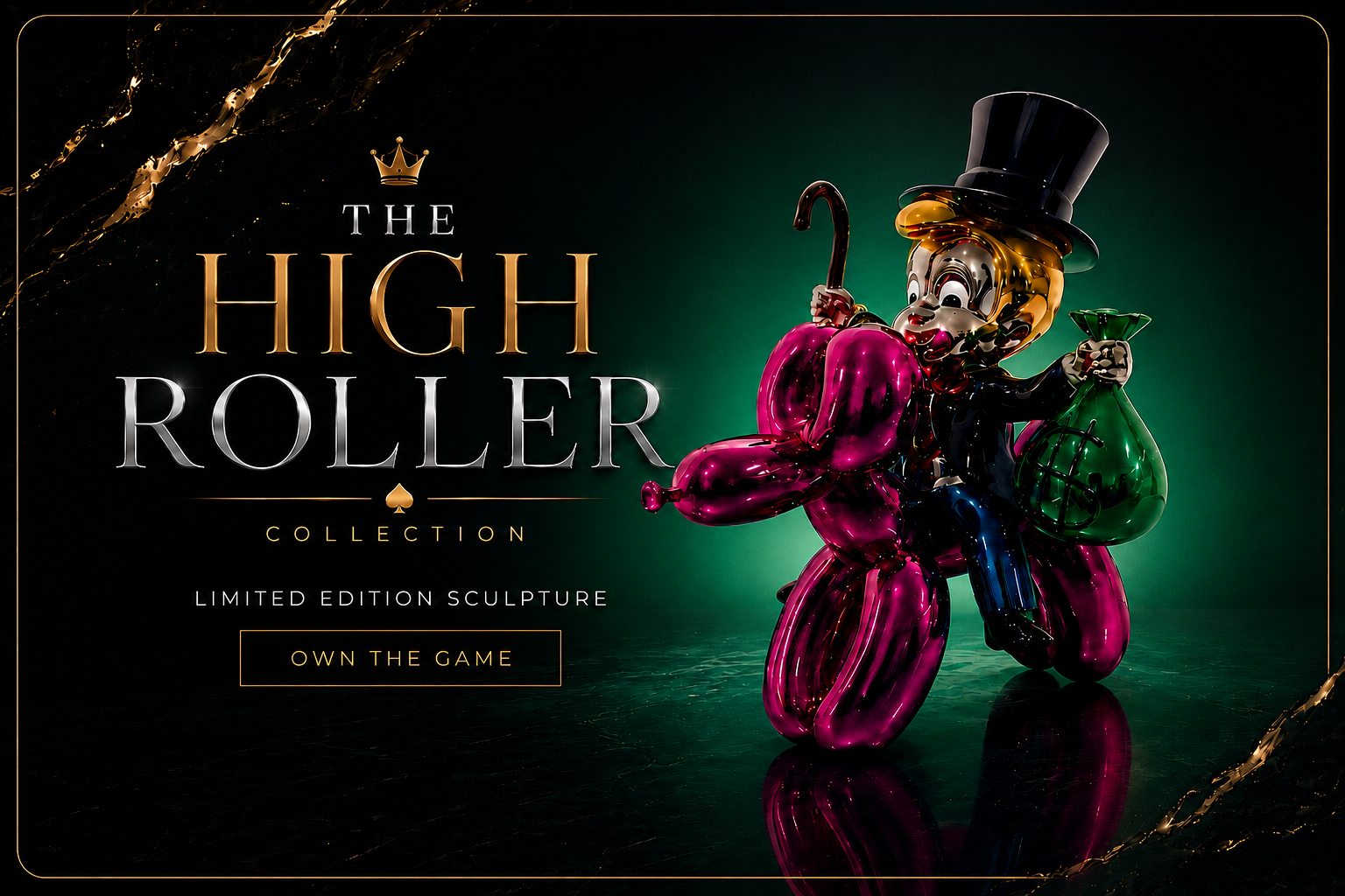A limited edition sculpture from The High Roller Collection, featuring a clown in a black top hat riding a glossy magenta balloon dog while holding a green bag, set against a dark teal background with gold marbling and promotional text.