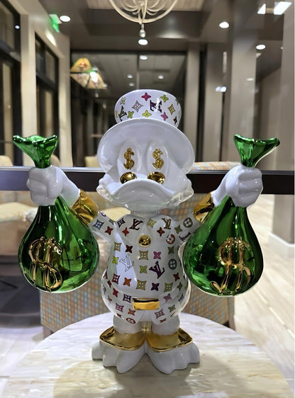 Decorative figure with green bottles and a patterned outfit on a table.