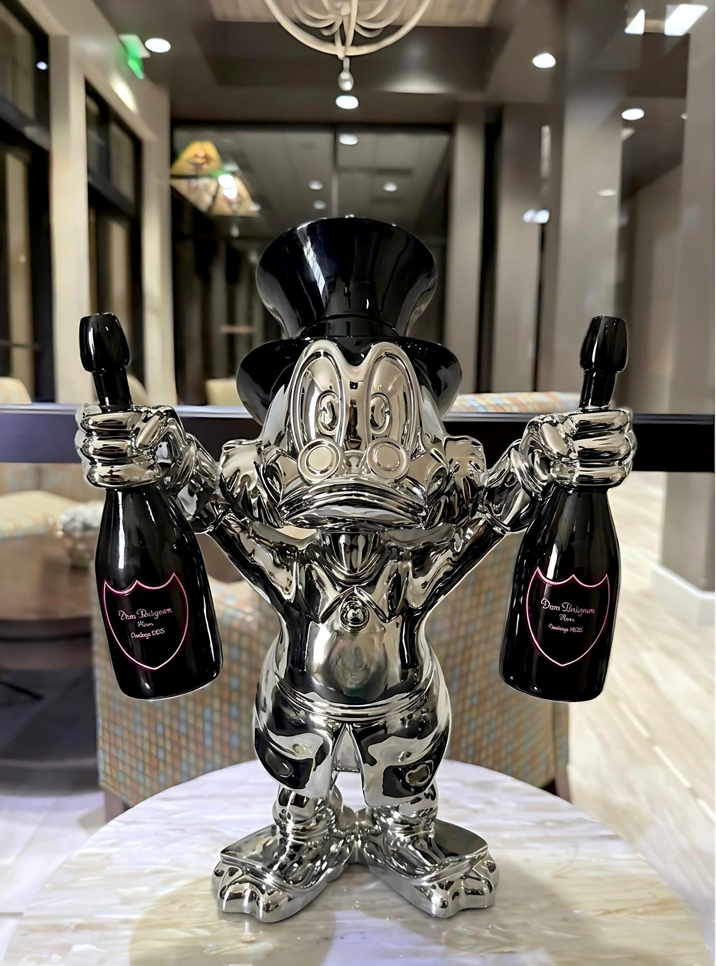 Chrome Scrooge Mcduck Duck holding two champagne Bottles 