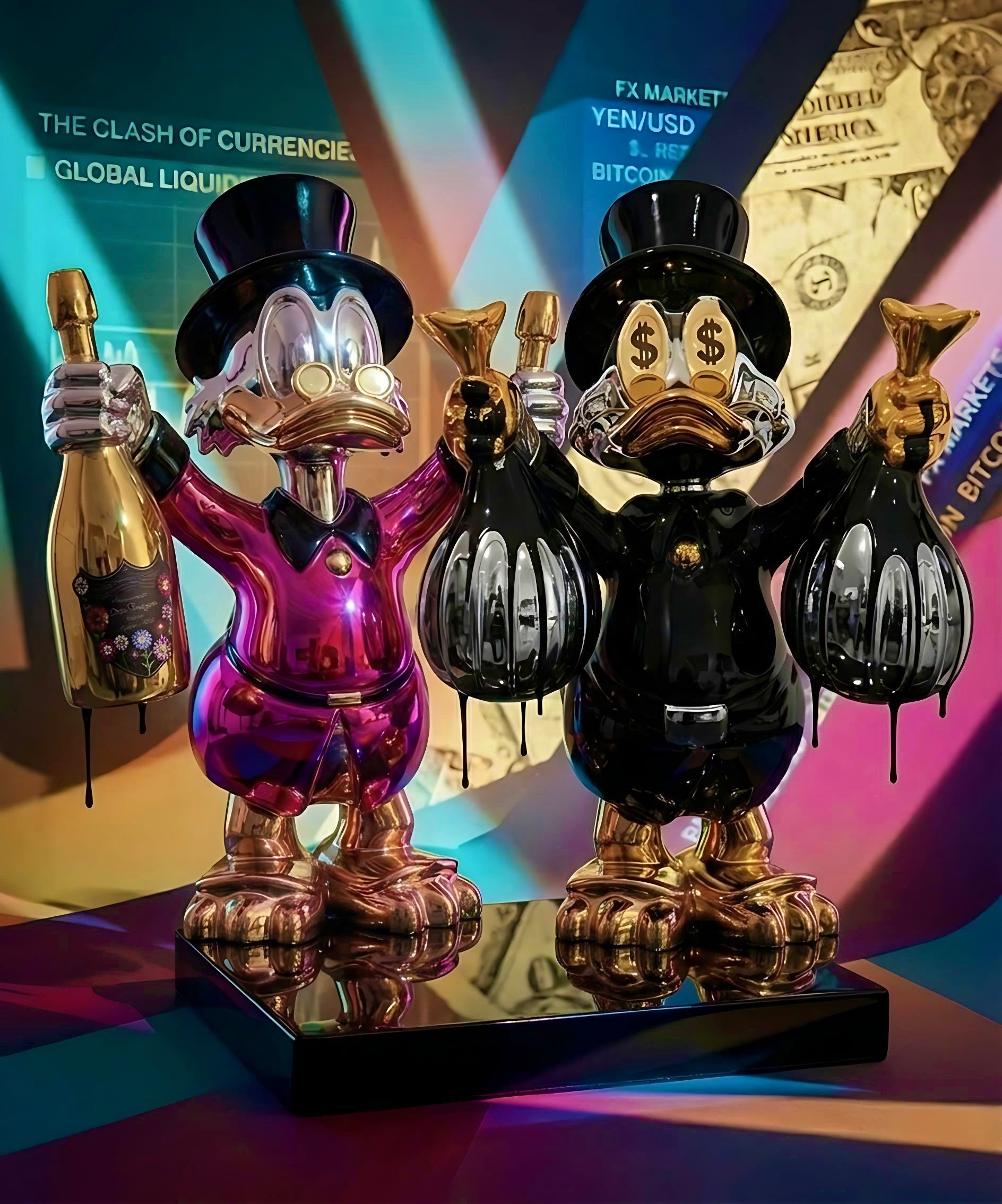Two decorative figurines of a character holding bottles against a colorful background with financial text.